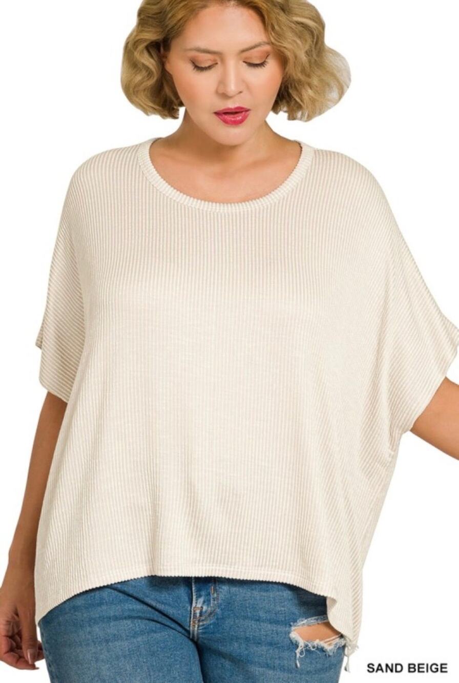 Zenana Sand Beige Ribbed Relaxed Fit Short Sleeve Top - 2X/3X
